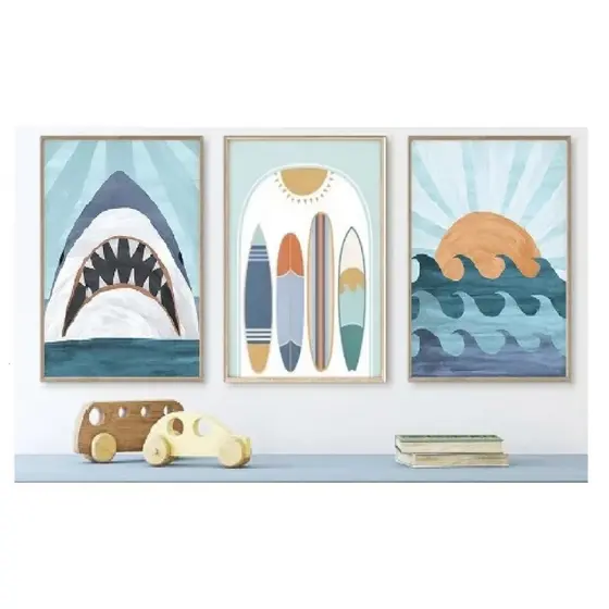 Quadros decorativos de quarto infantil, parede arte lona, oceano, tubarão, arco-íris, carro, prancha de surf (3 peças)