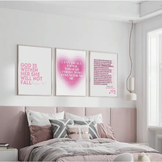 Quadros decorativos Frases Cristãs Versículos Bíblicos Rosa (3 peças)
