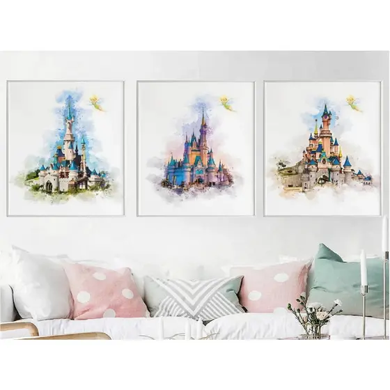 Quadros decorativos Castelos da Disney aquarela (3 peças)