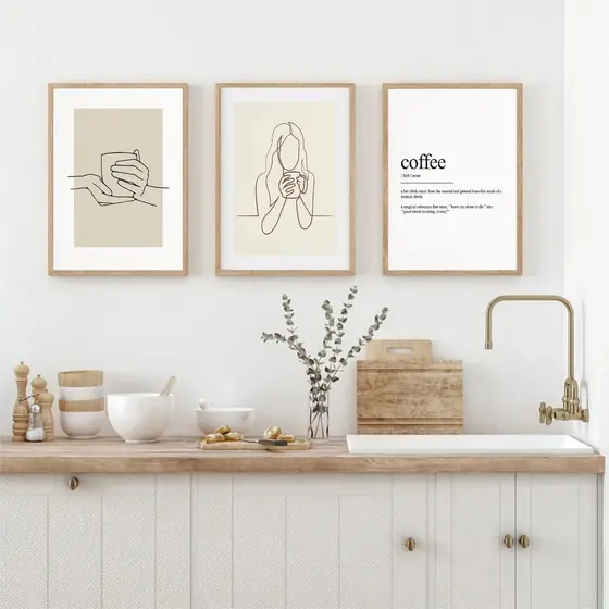 Quadros decorativos Linha Minimal Nordic Posters e Impressões, Mulheres Bebendo Café (3 peças)