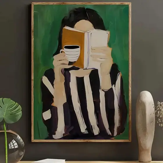 Quadro decorativo artístico mulher com livro e xícara minimalista (1 peça)