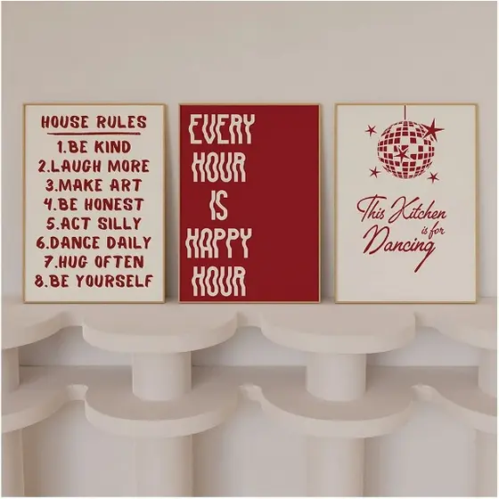 Quadros decorativos Frases felizes motivacionais vermelho (3 peças)