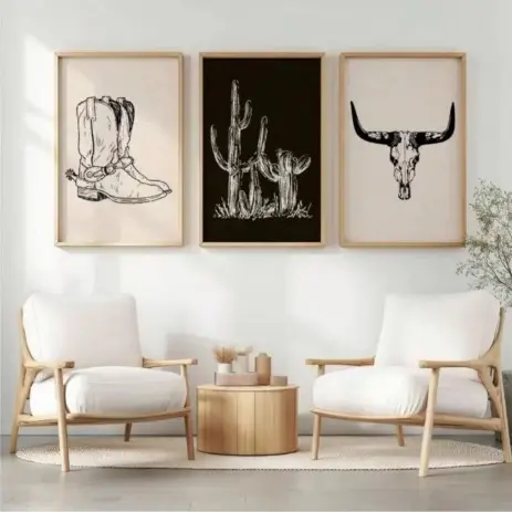 Quadros decorativos Bota country com cacto e crânio (3 peças)