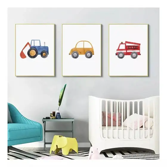 Quadros Decorativos 3 Peças 40x60 Carrinhos Azuis Infantil