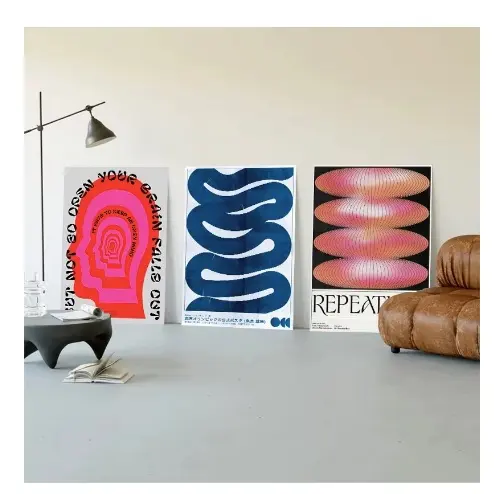 Quadros decorativos Modern Abstract Open Your Mind Blue Waves Vintage Japanese (3 peças)
