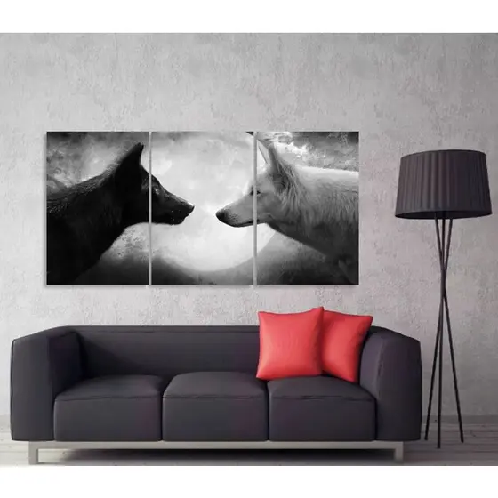 Quadro Decorativo Lobos Preto e Branco 3 peças sala