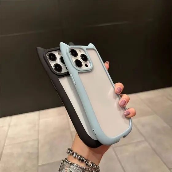 Capa Bonito Acrílico Caso Orelhas De Gato Silicone Duro De Telefone Para iPhone 16 12 11 14 15 13 Pro Max 14 15 Plus 16E