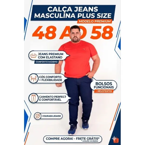 Calça Jeans Masculina Plus Size Elastano Do 48 Ao 58 Premium Confortável Skinny Reta Moda Masculina