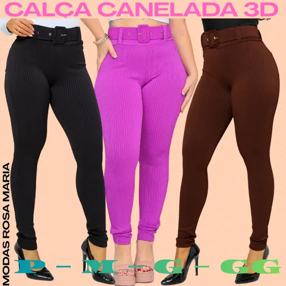 Calça Canelada 3D Modeladora Premium – Cintura Alta,Levanta Bumbum,Ajuste Perfeito com Cinto e Bolso
