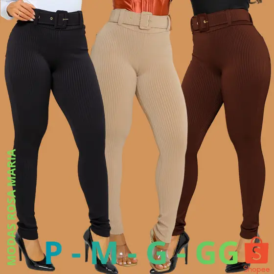 Calça Legging Montaria Feminina Cintura Alta Canelada 3D com Cinto e Bolso Traseiro