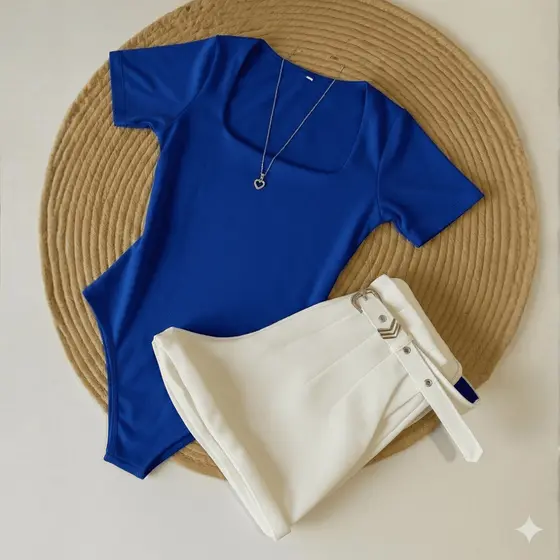 Kit Conjunto 1 Body Gola QUADRADA Colors + Short BRANCO em Alfaiataria com cinto Moda Blogueira Tendencia 2026