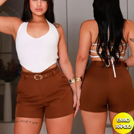 Short Feminino Estiloso Alfaiataria Elegante  com Bolsos Acompanha Cinto Tendência 2026 Verão Envio Rapido