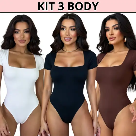 Kit 3 Body Feminino Manga Curta Decote Quadrado Suplex Manguinha Decotado Forro Duplo Tecido Premium