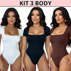 Kit 3 Body Feminino Manga Curta Decote Quadrado Suplex Manguinha Decotado Forro Duplo Tecido Premium