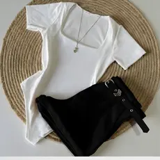 Conjunto 1 Body Gola QUADRADA BRANCO + Short Alfaiataria com cinto Inspiração Moda Blogueira Tendencia 2026