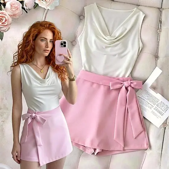 Conjunto Cropped Blusa Gola Boba Com Saia Shorts Por Dentro Alfaiataria