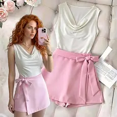 Conjunto Cropped Blusa Gola Boba Com Saia Shorts Por Dentro Alfaiataria