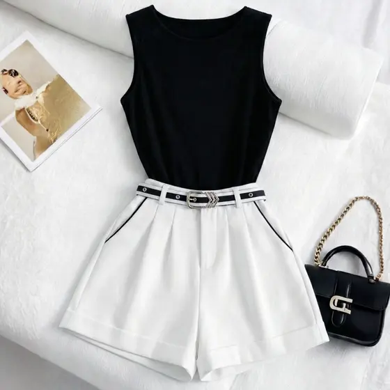 Conjunto Alfaiataria Short BICOLOR Elegante com Cinto + Body Regata Gola Redonda | P ao GG