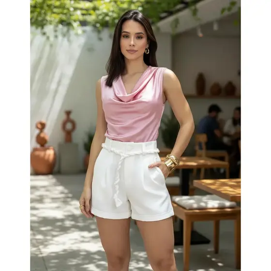 Conjunto 1 Blusa Gola Boba + Short Alfaiataria Branco Corda