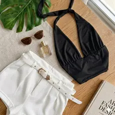 Conjunto Elegante Short Alfaiataria Com Cinto + Top Cropped Gringa MultiFormas Amarração Decote Elegante Moda Feminina