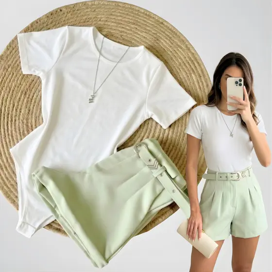 Kit Conjunto 1 Body Gola REDONDA CARECA CANOA BRANCO + Short em Alfaiataria com cinto Moda Blogueira Tendencia 2026
