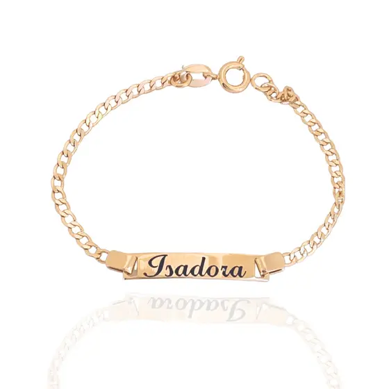 Pulseira Banhada a Ouro 18k 750 Natural Favorito Chapinha C Nome do Bebe