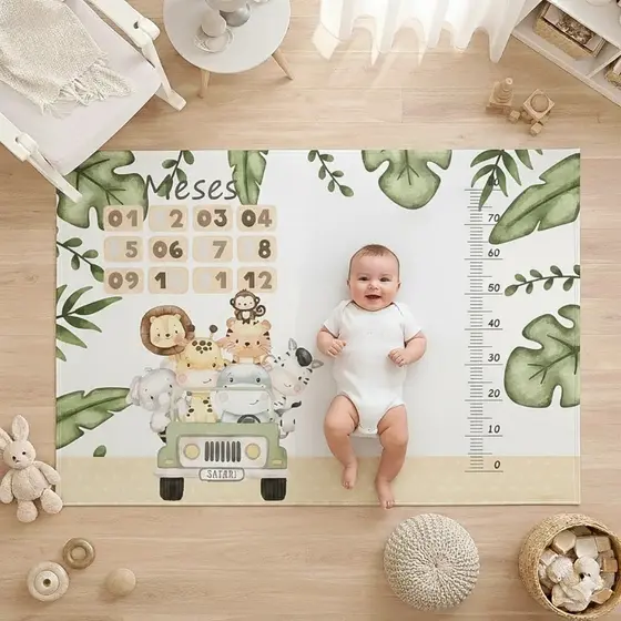 Tapete Mesversário Cenário Bebê Safari Carro Com Marcador Meses Tapete Foto Infantil Decorativo