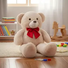 Urso Pelúcia Teddy Gigante Caramelo 1,10m Com Laço Vermelho Antialérgico Presente Decoração Criança