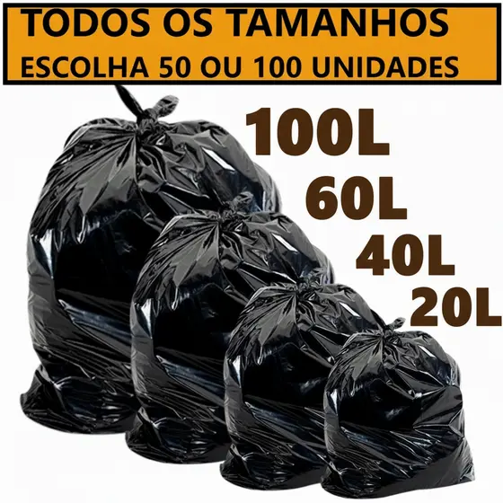 Saco De lixo Preto Resistente Pacote com 100 ou 50 unidades - 20L/40L/60L-100Litros
