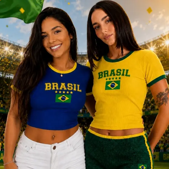 Camiseta Feminina Cropped Canelado Algodão Brasil Manga Curta Copa Torcida Seleção Baby Tee