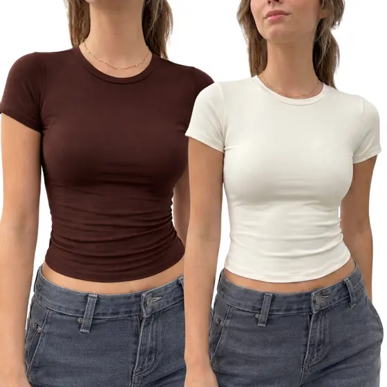 Kit 2 Blusa Feminina Baby Tee Slim Fit Manga Curta Suplex Premium Compressão Liso Casual Básica