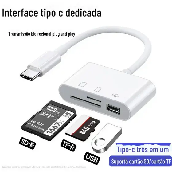 Adaptador leitor cartão de memória 3 em 1, SD, MicroSD e USB Tipo C, TF, OTG, conversor para Celulares, Tablets