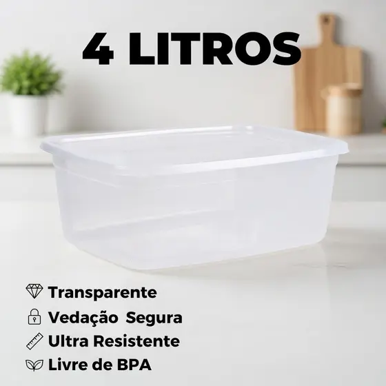 Kit Potes 4L com Tampa Transparente Multiuso Armazenamento de Alimentos Geladeira Freezer