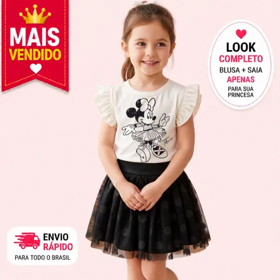 Conjunto infantil menina  saia e blusa e manga
