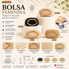 Bolsa Feminina Clutch Transversal com Corrente e Detalhe Metálico Dourado, Elegante e Sofisticada 08049 / 08050