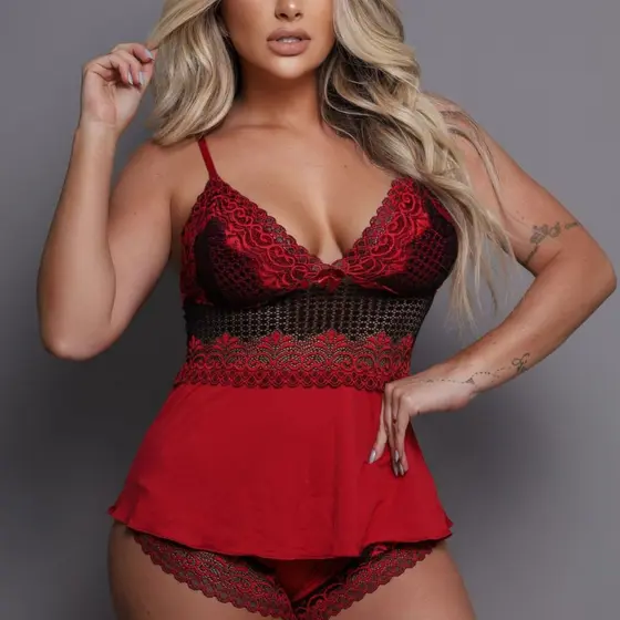 Pijama Baby Doll Short Rendado Luxo Confortável Sensual Leve