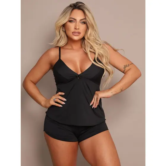 Pijama Baby Doll Short Básico Liso Confortável Sensual Leve