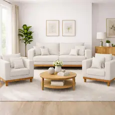 Kit 2 Poltronas Living + Sofá 3 Lugares com Base Madeira Linho