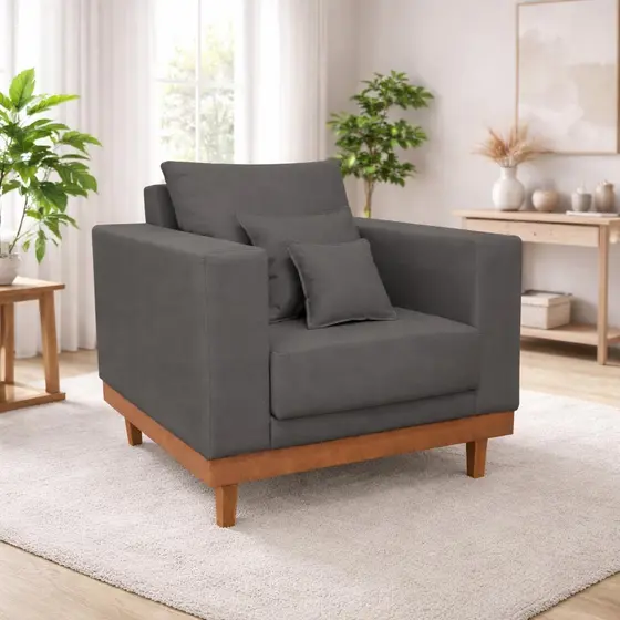 Sofá Poltrona Living Base Madeira Sala Quarto Recepção Suede