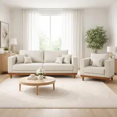 Kit Poltrona Living + Sofá 2 Lugares com Base Madeira Suede