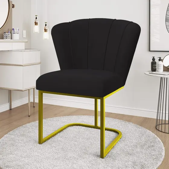 Cadeira Jantar Flor Base de Ferro Dourada ou Preta Veludo Mesa Cozinha Balaqui Decor