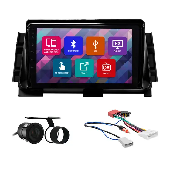 Kit Multimídia 9 Pol Kicks 2016 2017 2018 2019 2020 2021 2022 2023 Espelhamento Android Ios 2 Din Black Piano Camera Ré