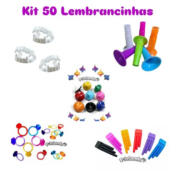 Kit 50 Lembrancinhas 10 Dentaduras 10 Cornetas 10 Mini Piões 10 Anéis 10 Apitos Brinquedo Festa Infantil