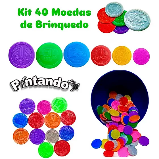 Kit 40 Moedas de Plástico Brinquedo Educativo Aprendizagem Lembrancinha Festa Infantil