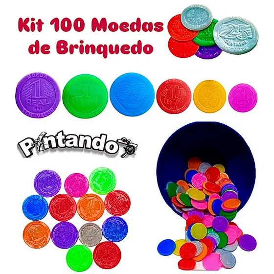 Kit 100 Moedas de Plástico Brinquedo Educativo Aprendizado Lembrancinha Festa Infantil