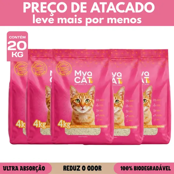 Kit 5un 20kg Areia Mya Cat Biodegradável Mandioca Elimina Odor Gatos