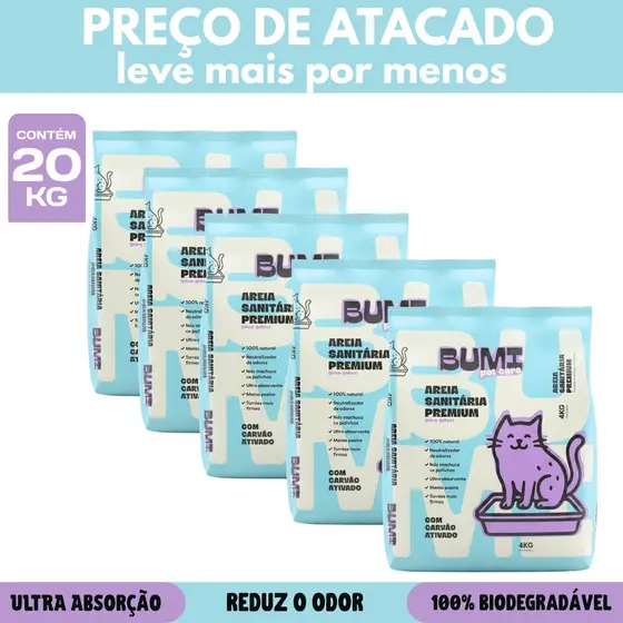 Kit Areia Sanitária Biodegradável Esmectita com Carvão Ativado 4kg Bumi Pet Care