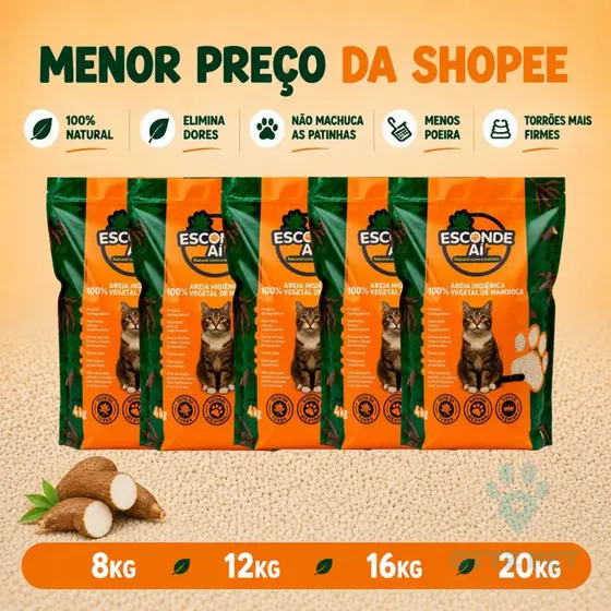 Kit 5 un Areia de Mandioca Esconde Aí 20kg Biodegradável Natural