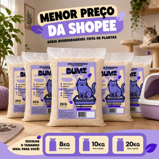Kit Areia Bumi Pet 8kg a 20kg Mandioca Natural Alta Absorção Anti Odor Gatos