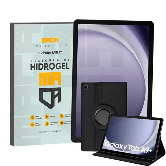 Kit Película HD+Capa Preta Giratória Samsung Tab A9+ 11" Frontal